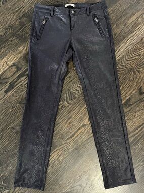 Promod Black Snakeskin Foil Low Rise Slim Straight Pants Zipper Pockets Size 4